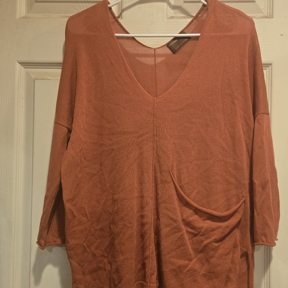 Kerisma Raven V-Neck Oversized Pocket Sweater. Size Small. Short Sleeve. Orange